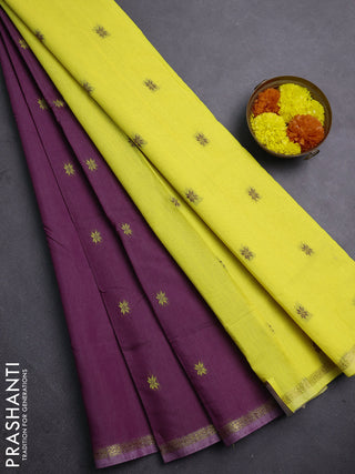 Semi maheswari cotton saree deep purple and lime yellow with allover thread woven buttas and small zari woven border