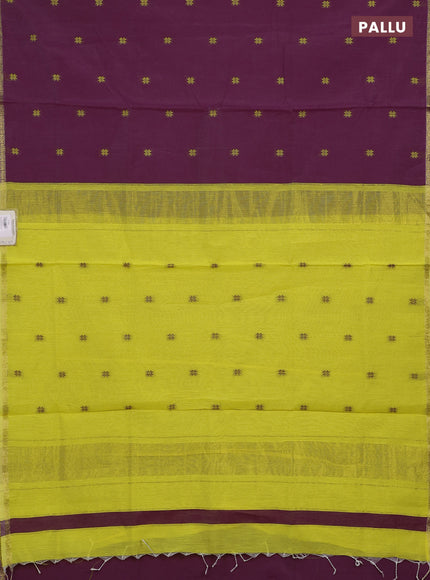 Semi maheswari cotton saree deep purple and lime yellow with allover thread woven buttas and small zari woven border
