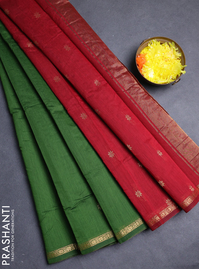 Semi maheswari cotton saree light green and maroon with allover zari woven buttas and small zari woven border