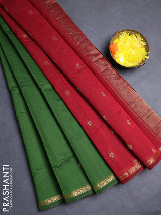 Semi maheswari cotton saree light green and maroon with allover zari woven buttas and small zari woven border