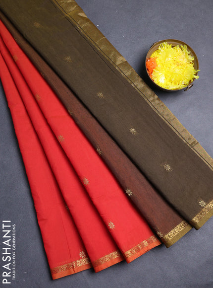 Semi maheswari cotton saree red and mehendi green with allover zari woven buttas and small zari woven border
