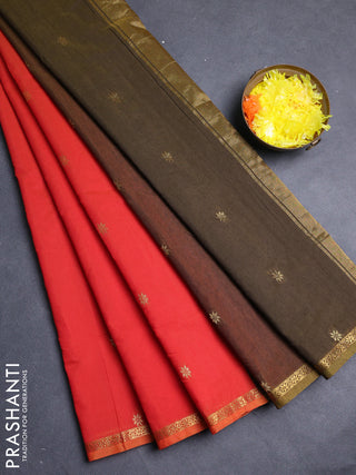 Semi maheswari cotton saree red and mehendi green with allover zari woven buttas and small zari woven border