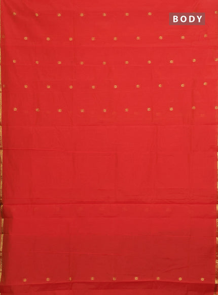 Semi maheswari cotton saree red and mehendi green with allover zari woven buttas and small zari woven border