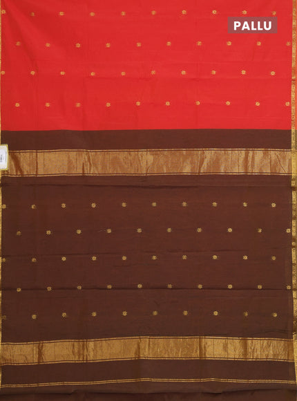 Semi maheswari cotton saree red and mehendi green with allover zari woven buttas and small zari woven border