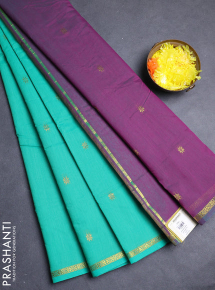 Semi maheswari cotton saree teal green and purple with allover zari woven buttas and small zari woven border