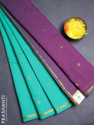 Semi maheswari cotton saree teal green and purple with allover zari woven buttas and small zari woven border