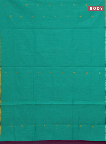 Semi maheswari cotton saree teal green and purple with allover zari woven buttas and small zari woven border