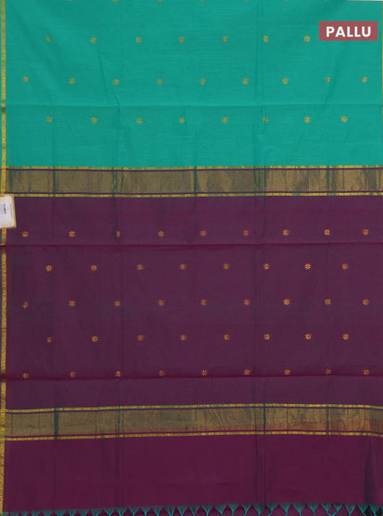 Semi maheswari cotton saree teal green and purple with allover zari woven buttas and small zari woven border