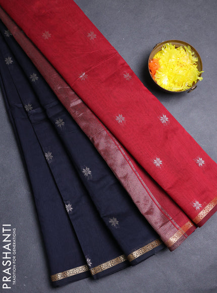 Semi maheswari cotton saree black and maroon with allover zari woven buttas and small zari woven border