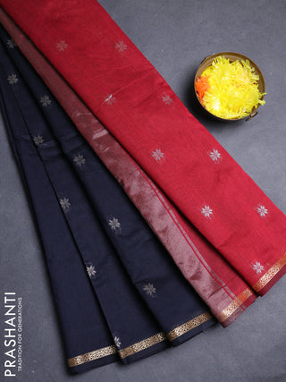 Semi maheswari cotton saree black and maroon with allover zari woven buttas and small zari woven border