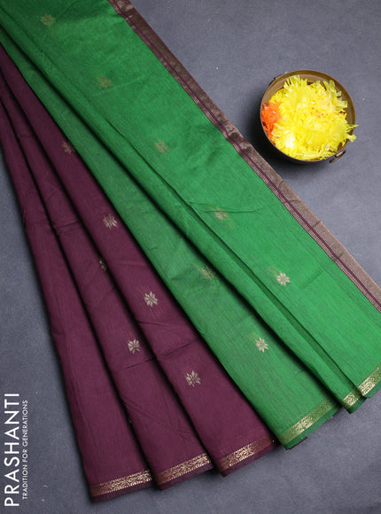 Semi maheswari cotton saree deep wine shade and green with allover zari woven buttas and small zari woven border
