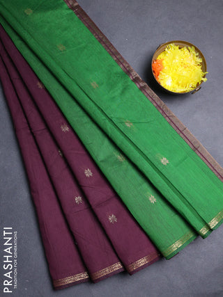 Semi maheswari cotton saree deep wine shade and green with allover zari woven buttas and small zari woven border