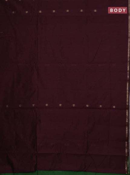 Semi maheswari cotton saree deep wine shade and green with allover zari woven buttas and small zari woven border