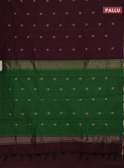 Semi maheswari cotton saree deep wine shade and green with allover zari woven buttas and small zari woven border