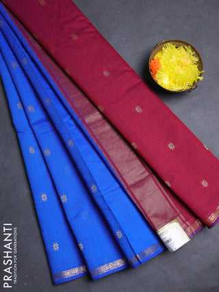 Semi maheswari cotton saree royal blue and maroon with allover zari woven buttas and small zari woven border