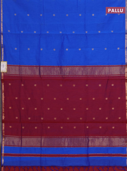 Semi maheswari cotton saree royal blue and maroon with allover zari woven buttas and small zari woven border