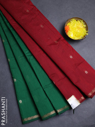 Semi maheswari cotton saree green and maroon with allover zari woven buttas and small zari woven border