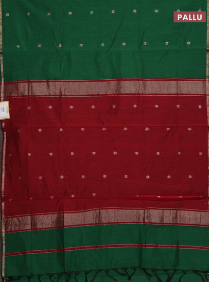Semi maheswari cotton saree green and maroon with allover zari woven buttas and small zari woven border
