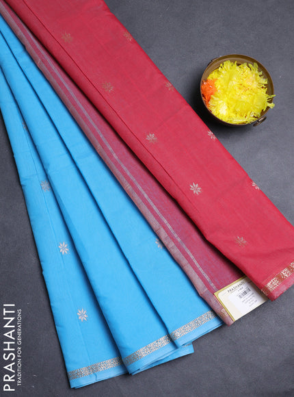 Semi maheswari cotton saree cs blue and red with allover zari woven buttas and small zari woven border