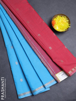 Semi maheswari cotton saree cs blue and red with allover zari woven buttas and small zari woven border