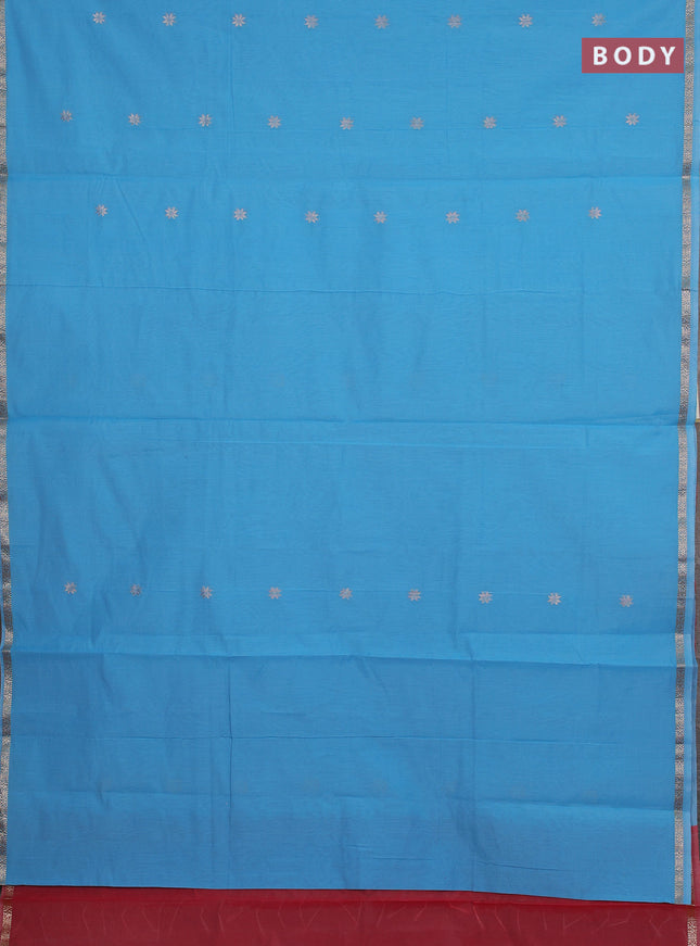 Semi maheswari cotton saree cs blue and red with allover zari woven buttas and small zari woven border