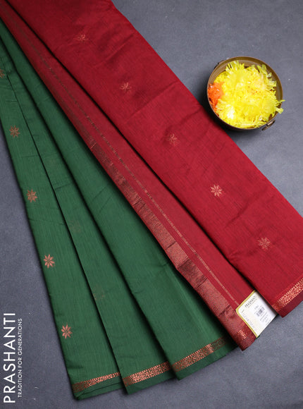 Semi maheswari cotton saree green and deep maroon with allover copper zari woven buttas and small copper zari woven border