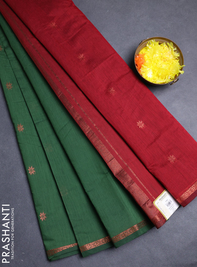 Semi maheswari cotton saree green and deep maroon with allover copper zari woven buttas and small copper zari woven border