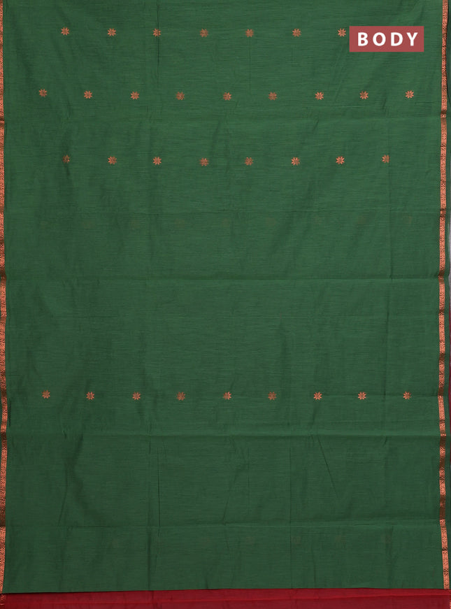 Semi maheswari cotton saree green and deep maroon with allover copper zari woven buttas and small copper zari woven border