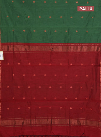 Semi maheswari cotton saree green and deep maroon with allover copper zari woven buttas and small copper zari woven border