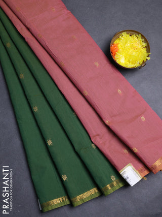 Semi maheswari cotton saree green and dark peach with allover zari woven buttas and small zari woven border