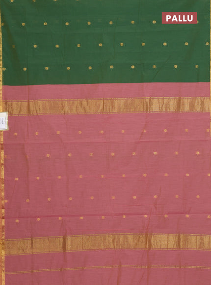Semi maheswari cotton saree green and dark peach with allover zari woven buttas and small zari woven border