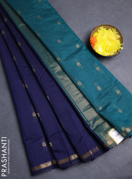 Semi maheswari cotton saree navy blue and peacock green with allover zari woven buttas and small zari woven border