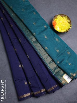 Semi maheswari cotton saree navy blue and peacock green with allover zari woven buttas and small zari woven border
