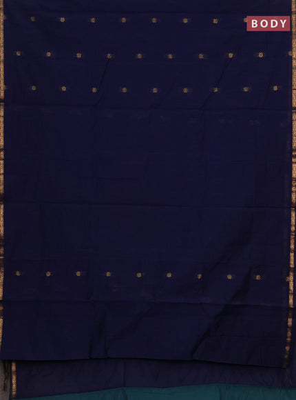 Semi maheswari cotton saree navy blue and peacock green with allover zari woven buttas and small zari woven border