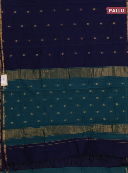 Semi maheswari cotton saree navy blue and peacock green with allover zari woven buttas and small zari woven border