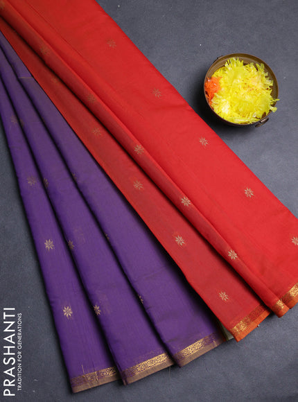 Semi maheswari cotton saree violet and red with allover zari woven buttas and small zari woven border