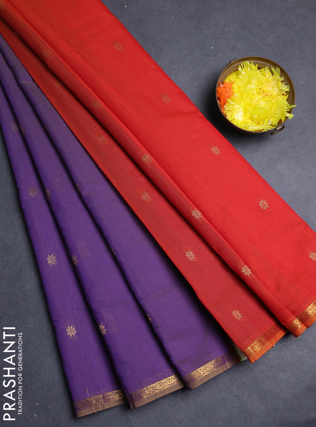 Semi maheswari cotton saree violet and red with allover zari woven buttas and small zari woven border