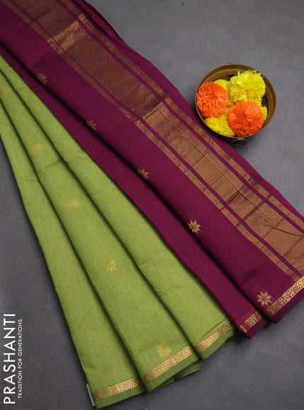 Semi maheswari cotton saree light green and purple with allover zari woven buttas and small zari woven border