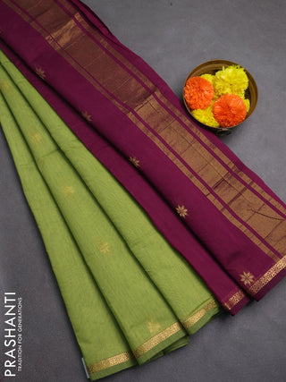 Semi maheswari cotton saree light green and purple with allover zari woven buttas and small zari woven border