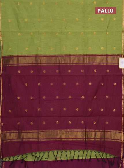 Semi maheswari cotton saree light green and purple with allover zari woven buttas and small zari woven border