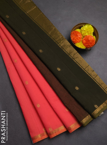 Semi maheswari cotton saree peach shade and sap green with allover zari woven buttas and small zari woven border