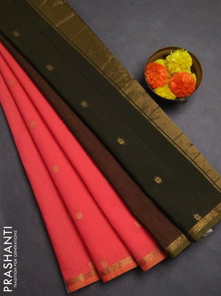 Semi maheswari cotton saree peach shade and sap green with allover zari woven buttas and small zari woven border
