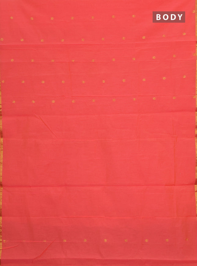 Semi maheswari cotton saree peach shade and sap green with allover zari woven buttas and small zari woven border