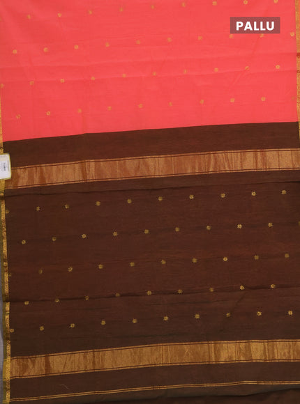 Semi maheswari cotton saree peach shade and sap green with allover zari woven buttas and small zari woven border