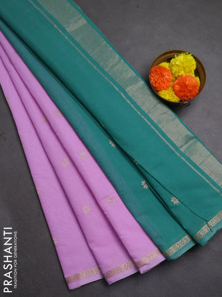 Semi maheswari cotton saree lavender and teal green with allover zari woven buttas and small zari woven border