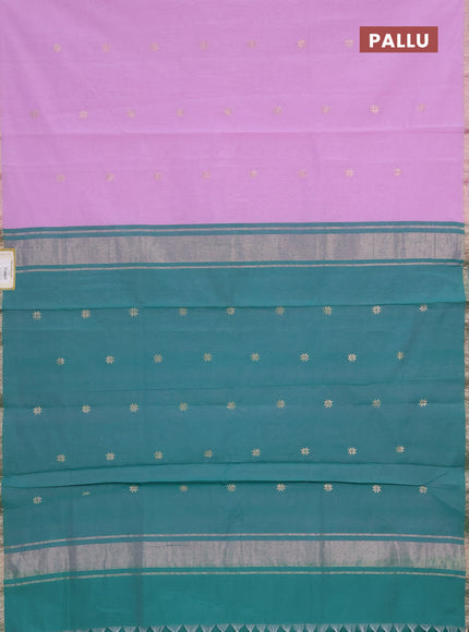 Semi maheswari cotton saree lavender and teal green with allover zari woven buttas and small zari woven border