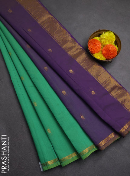 Semi maheswari cotton saree green and violet shade with allover zari woven buttas and small zari woven border