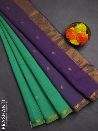 Semi maheswari cotton saree green and violet shade with allover zari woven buttas and small zari woven border
