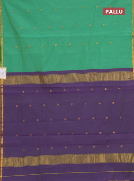 Semi maheswari cotton saree green and violet shade with allover zari woven buttas and small zari woven border