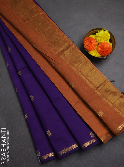 Semi maheswari cotton saree violet and rust shade with allover zari woven buttas and small zari woven border